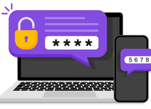 Two steps authentication. Verification code message on smartphone. Notice with code for secure login or sign in. Two factor verification via laptop and phone. Vector illustration.